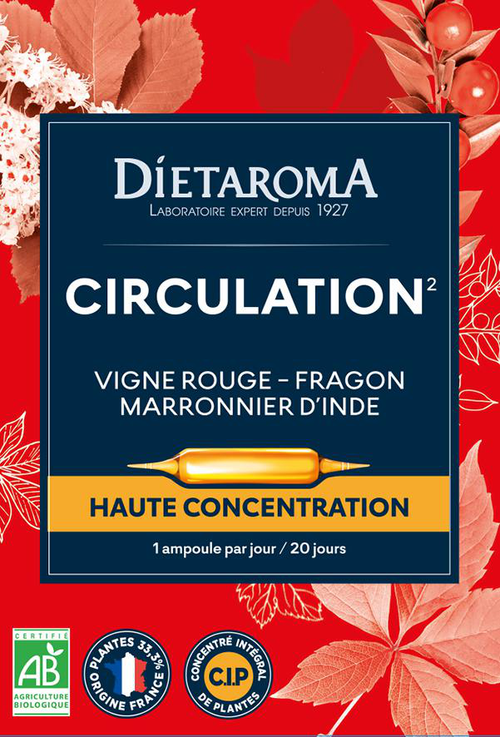 Visuel 1 du produit Complément alimentaire vigne rouge, fragon, marronnier d'Inde CIP bio Dietaroma circulation - 20 ampoules x 10 ml