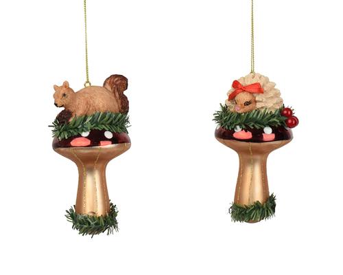 Visuel 1 du produit Champignon à suspendre en verre or avec animal perché - 6 x 5,5 cm
