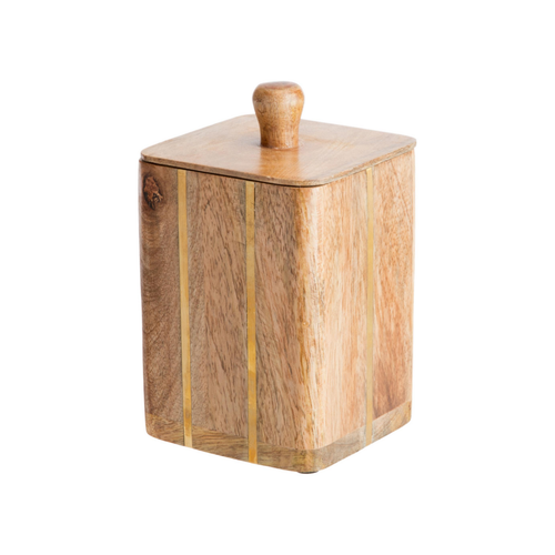Visuel 1 du produit Boîte carrée en bois de manguier avec lignes laiton et couvercle - 10 x 10 x 16 cm