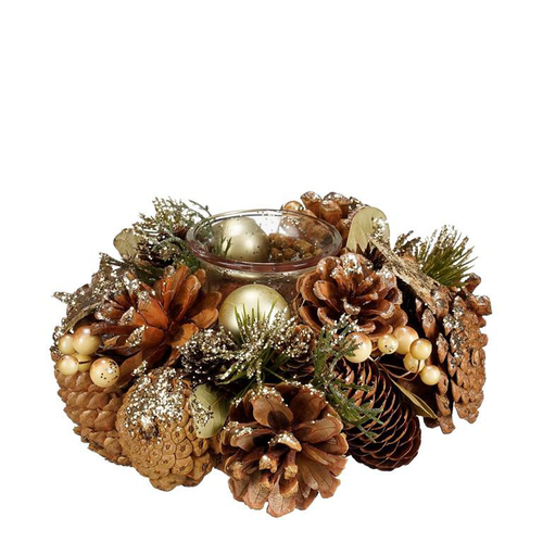 Visuel 1 du produit Centre de table bougeoir avec sapin et pommes de pin dorée Brant - Ø 19 x H 9 cm