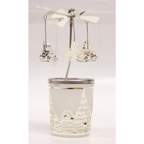 Visuel 1 du produit Carrousel photophore en métal argenté avec villages d’hiver - H 12 cm