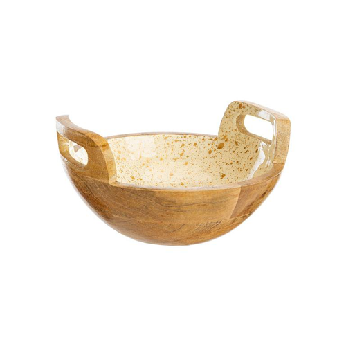 Visuel 1 du produit Coupe avec anse en bois de manguier décor moucheté crème et or - 20 x 20 x 11 cm