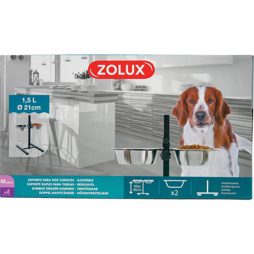 Visuel 1 du produit Support réglable en métal avec 2 écuelles inox pour chien Zolux - 1,5 L