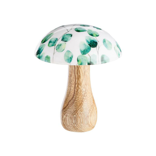 Visuel 1 du produit Champignon décoratif rond à poser avec pied en bois et chapeau vert et blanc - Ø 10 x H 13 cm