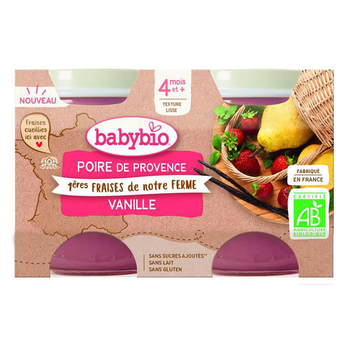 Visuel 1 du produit Petits pots pour bébé dès 4 mois poire fraise vanille Babybio – 2 x 130 g