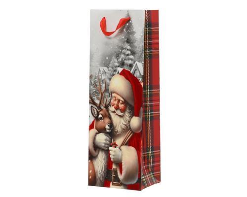 Visuel 1 du produit Sac cadeau bouteille en papier à motif Père Noël rouge - 12 x 10 x 36 cm