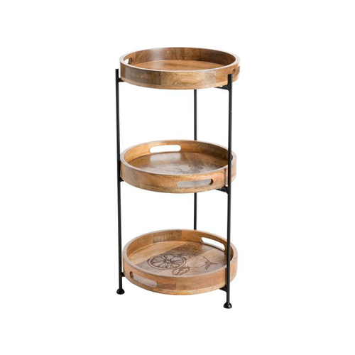 Visuel 1 du produit Étagère pliable en métal avec trois plateaux amovibles en manguier naturel - Ø 38 x H 72 cm