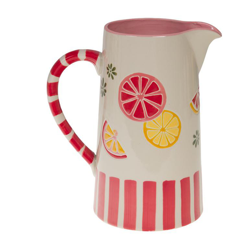 Visuel 1 du produit Pichet en grès à rayures roses et motif fruits Zestine - 13 x 20 x 22 cm