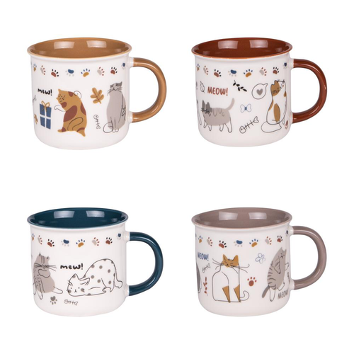 Visuel 1 du produit Coffret 4 mugs en porcelaine à motifs colorés Chat - 35 cl