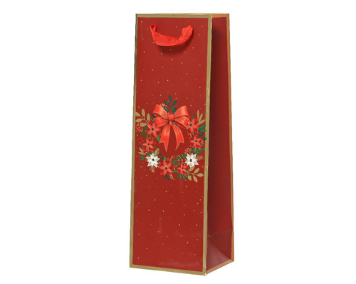 Visuel 1 du produit Sac cadeau pour bouteille en papier métallisé rouge décor couronne et nœud - 10 x 12 x 36 cm