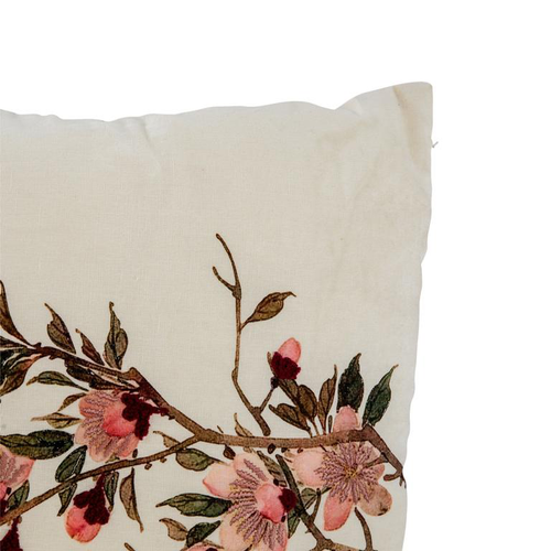 Visuel 2 du produit Coussin en coton et lin naturel brodé fleurs rose et vert - 45 x 45 cm