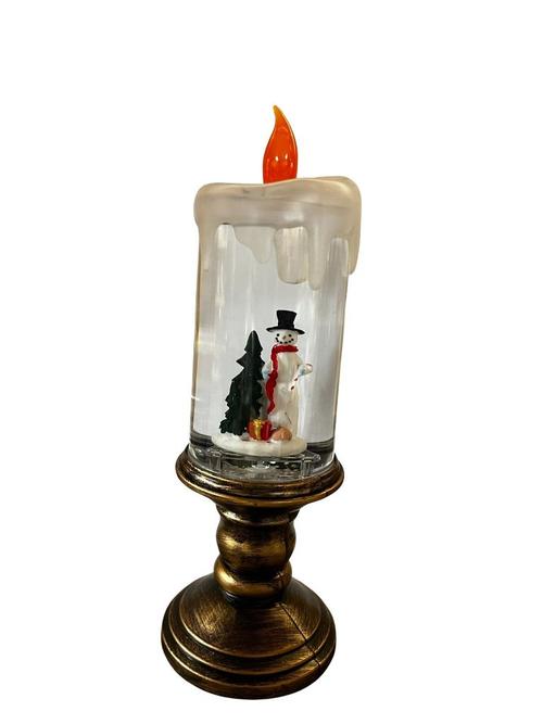 Visuel 1 du produit Lanterne à LED imitation bougie en polyrésine bronze avec bonhomme de neige - Ø 8,5 x H 24 cm