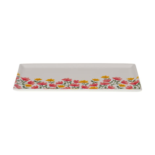 Visuel 2 du produit Plat à cake rectangulaire en céramique blanche à motif fleurs Louise - 31 x 16 x 1 cm