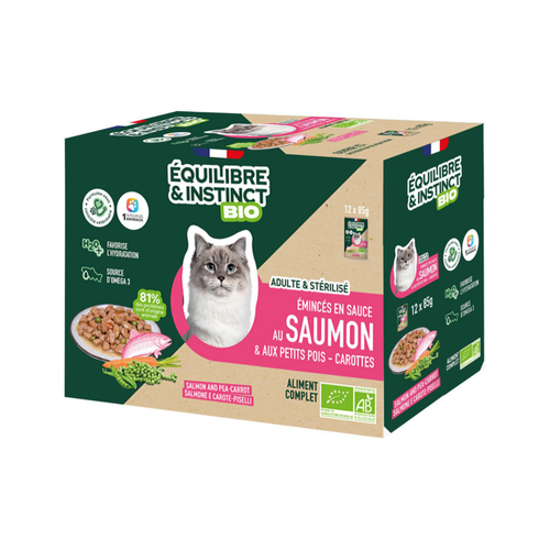 Visuel 1 du produit Aliment humide pour chat adulte bio saumon petits pois carottes Équilibre & Instinct - 12 x 85 g