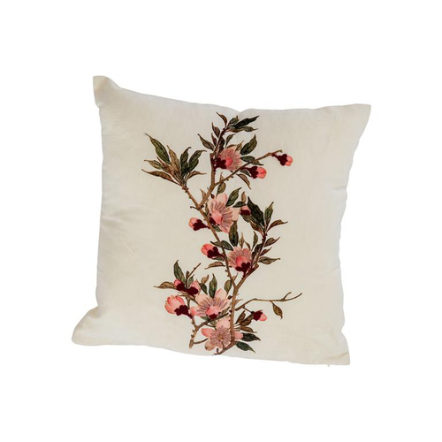 Visuel 1 du produit Coussin en coton et lin naturel brodé fleurs rose et vert - 45 x 45 cm