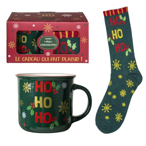Visuel 1 du produit Set mug avec chaussette coloris vert dans une boîte Noël ho ho ho - H 9,8 cm