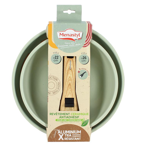 Visuel 2 du produit Lot de 2 poêles en aluminium céladon à poignée amovible Menastyl Colorama - Ø 22/26 cm
