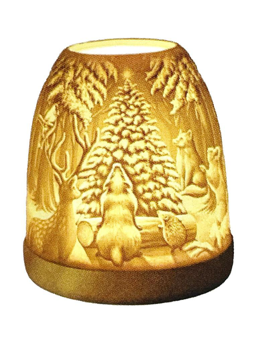 Visuel 1 du produit Photophore mini igloo en céramique blanche et socle bois motif animaux de la forêt - Ø 9 x H 11 cm