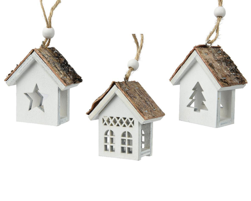 Visuel 1 du produit Maison en bois blanc avec toit en écorce à suspendre - 3 x 6 x 7 cm