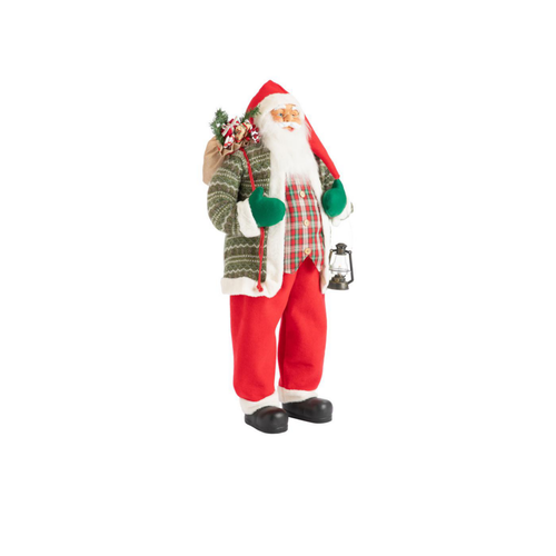 Visuel 1 du produit Père Noël à tartan vert et rouge avec hotte et lanterne - 120 cm