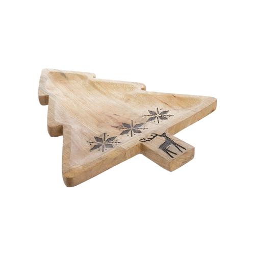 Visuel 1 du produit Plateau forme sapin en bois de manguier naturel à décor flocon - 38 x 32 x 2,5 cm