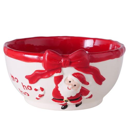 Visuel 1 du produit Bol à céréales en poterie rouge et blanc avec motif père Noël 550 ml Eskil - Ø 15 x H 7 cm