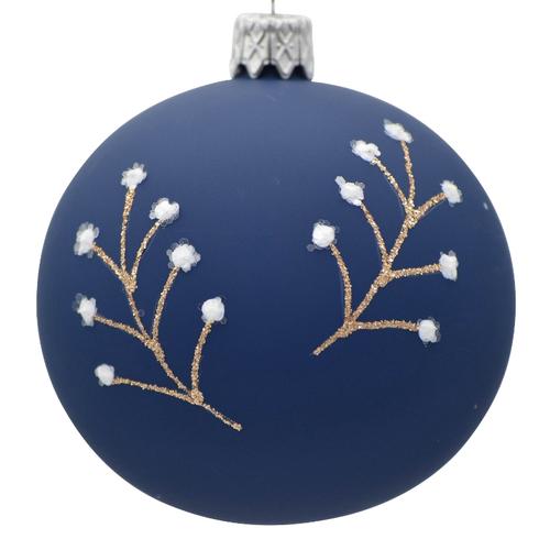 Visuel 1 du produit Boule de Noël en verre bleu à motif végétal blanc et or - Ø 7 cm
