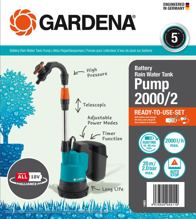 Pompe Pour Récupérateur D'eau De Pluie Gardena 4000/2 - Débit 4000 L/h, Hauteur 20 M - Protection Marche à Sec - Pour Arrosage Jardin - 9